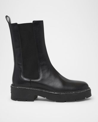 Rene Caovilla Leather Strass Combat Booties