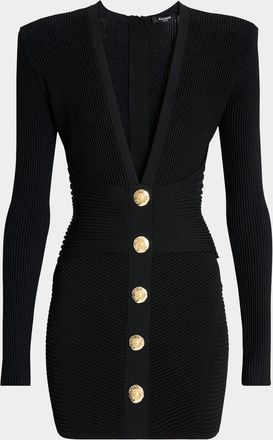 Balmain Buttoned Plunging Rib Knit Mini Dress