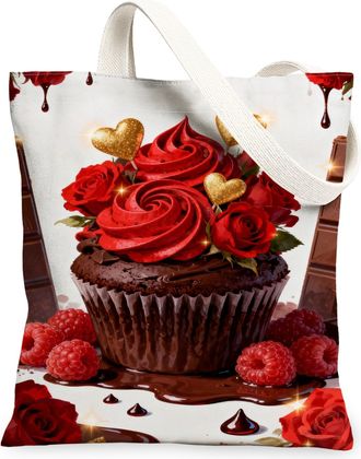 Generic ValentineS Day Cupcake Canvas Tote Bags, Romantic Rose Chocolate Design Reusable Shopping Bags, Lightweight Washable Shoul, Red, 13x15 Inch