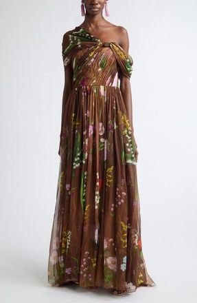Oscar De La Renta Floral One-Shoulder Silk Chiffon Gown in Brown Multi at Nordstrom, Size 4