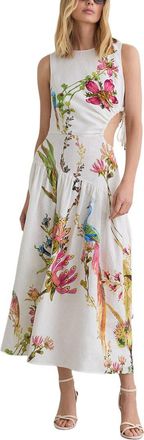 Reiss Bianca Linen Floral Print Cut Out Midi Dress