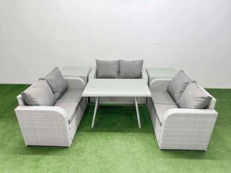 Fimous 6-seater Patio Rectangular Table Love Sofa Set with 2 Side Tables in Light Grey