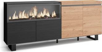 Skraut Home Aparadores Para Sal&oacute;n, Gran Capacidad De Almacenaje, 210, 4 Puertas, Chimenea El&eacute;ctrica Xxl, Dise&ntilde;o Industrial, Estilo Moderno, Roble Y Negro - Skraut