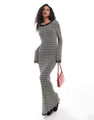 Vero Moda knitted maxi dress with lettuce edge in black and white stripe