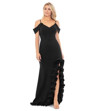 Xscape Maxi Dress Women Black Crepe Side Slit Ruffle Hem Cold Shoulder UPS971
