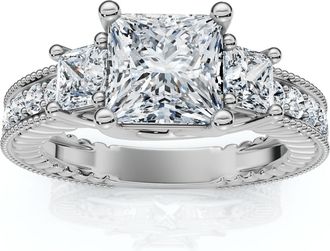 Pompeii3 2 3/4CT Princess Cut Three Stone Vintage Diamond Engagement Ring Lab Grown 14k