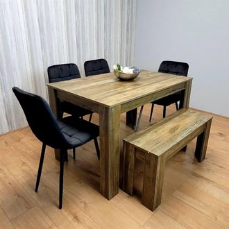 Kosy Koala Modern Dining Table with 4 Black Velvet Chairs & Bench Kitchen Set in Brown