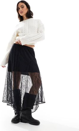 Asos asymmetric lace overlay midi skirt in black