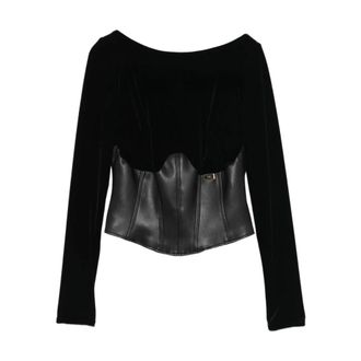 Elisabetta Franchi Long Sleeve T-Shirts, female, Black, S, Black Velvet Insert Jumper Boatneck Zip