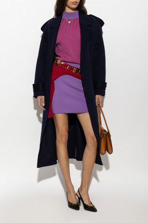 Versace Double-Breasted Wool Trench Coat, Womens, Navy Blue