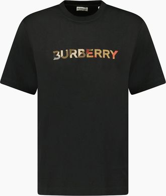 Burberry Mens Burberry Check Logo Embroidered T Shirt Black - Size: 36