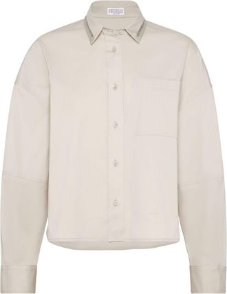 Brunello Cucinelli appliqu&eacute;-detail long-sleeve shirt - women - Elastane/Polyamide/Cotton - L - Neutrals
