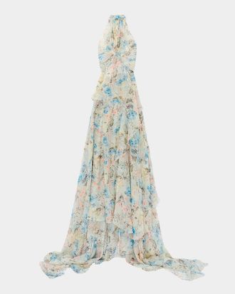 Alexander McQueen Pleated Floral Silk Georgette Halter Evening Dress