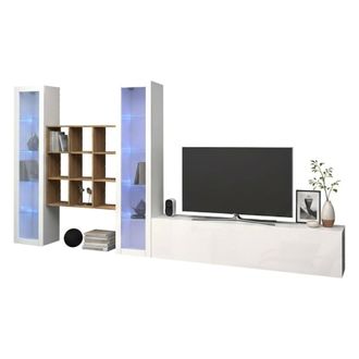 Dmora Dmora - Pared Equipada Dchiorr, Conjunto De Sal&oacute;n Mueble Tv Con 3 Puertas, Mueble Sal&oacute;n Polivalente Con Vitrina Y Luz Led, 100% Made In Italy, Cm 350x