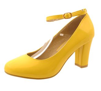 Generic Womens Mid Block Heels Ankle Strap Court Slip On Shoes Ladies Closed Toe Office Work Formal Pumps Mary Jane Shoes Sandals Plus Size Yellow Patent UK 8
