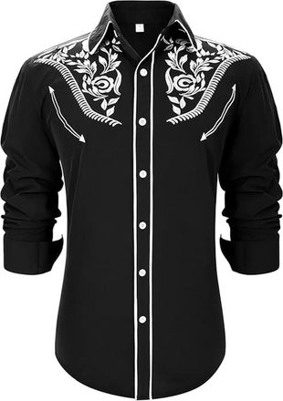Generic Mens Western Cowboy Embroidered Long Sleeve Casual Button Down Shirt Slim Fit with Pockets White for Men Dress Shirts Adult Green Top Mens Christmas T