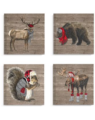 Stupell Industries Wilderness Cold Stylish Animals In Buffalo Plaid 4Pc Stretched Canvas Art Set