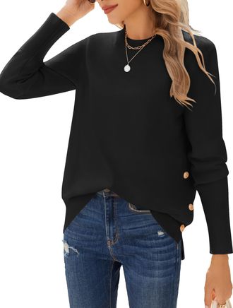 Zeagoo Jumpers for Women UK Long Sleeve Tops Lightweight Knit Sweater Casual Crew Neck Pullover Tunic with Side Buttons for Autumn Winter Black M