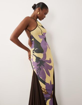 Asos Vestito lungo allacciato al collo con perline e fondo asimmetrico a fiori a contrasto-Multi