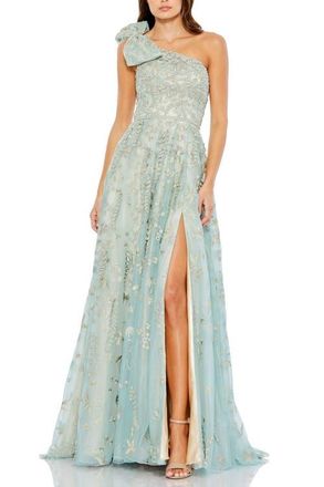 Mac Duggal Embellished Bow One Shoulder A Line Gown in Sage at Nordstrom, Size 12