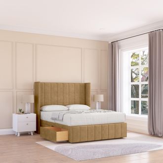 Sloomy Melbourne Plush Wingback Bed Set, 2 Drawers & 54 Floor Standing Headboard in Light Brown | Size: King