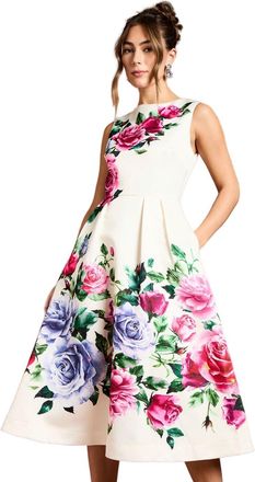 Coast Pocket Structured Satin Placement Print Midi Dress, 10, Ivory