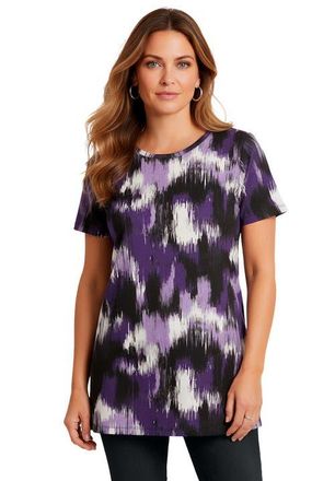 Roaman's Plus Size Ultimate Cotton V-Neck Short Sleeve Tunic in Midnight Violet Ikat Print at Nordstrom, Size 5X