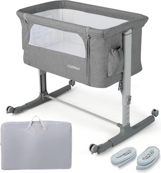 Costway Costway - Cuna Infantil, 3 En 1 Cuna De Viaje Con Altura Ajustable En 5 Niveles, Inclinaci&oacute;n De 10&deg;, C&oacute;modo Colch&oacute;n, Red Transpirable, Bolsa Lateral Y