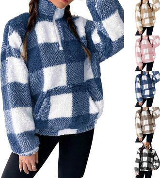 Generic Ladies Jumpers Women Sherpa Fleece Checkered Sweatshirt Warm Winter Half Zip Stand Collar Double-Sided Sweatshirts Womens Oversized Cosy Trendy Fluffy