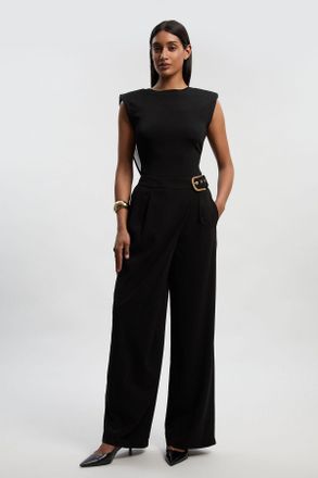 Karen Millen Womens Tailored Crepe Asymmetric Buckle Detail Wide Leg Trouser - Black - Size 12 UK