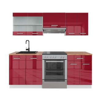 Vicco Mueble De Cocina R-line, Burdeos Brillo Intenso/blanco, 200 Cm, Et Roble