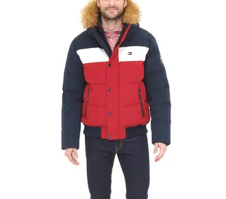 Tommy Hilfiger Mens Arctic Cloth Quilted Snorkel Bomber Jacket Parka, Navy/White/Red, XXL
