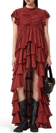 AllSaints Shaela Tiered Ruffle High-Low Dress in Paprika Red at Nordstrom, Size 6 Us