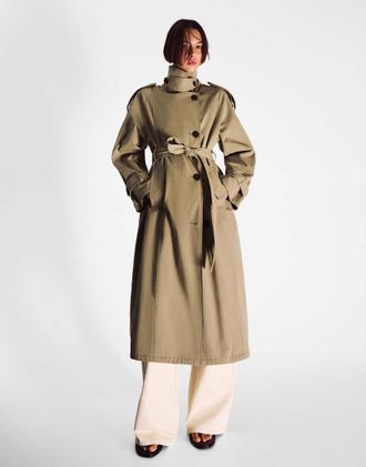 Bershka Trench lungo beige con cintura-Neutro