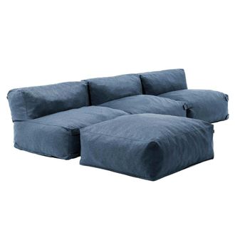 Oviala Sof&aacute; de esquina fijo modular con 3 sillones y 1 puff azul pac&iacute;fico