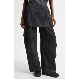 Collina Strada Lawn Plaid Skirt Overlay Cargo Pants in Black Wavy Flower Stripe at Nordstrom, Size X-Small