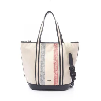 Dior Ivory Navy Red Color Canvas Leather Handbag Tote Bag (Pre-Owned)
