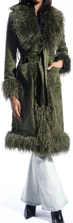 Azalea Wang Belted Faux Suede Coat with Faux Fur Trim in Olive at Nordstrom, Size X-Large