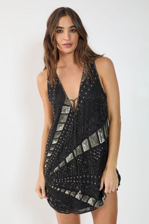 NASTY GAL Womens Hand Embellished Panelled Tie Front Plunge Sequin Mini Dress - Black - Size 10 UK