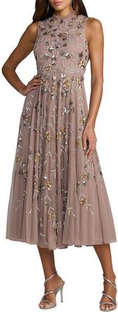 Mac Duggal Petite Embellished High Neck Butterfly Sleeve Dress in Taupe at Nordstrom, Size 12