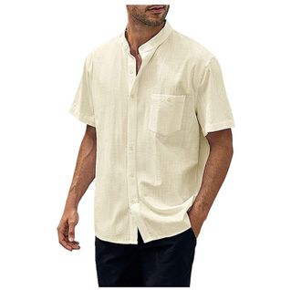Generic Linen Short Sleeve Grandad Shirts for Men, Casual Shirts for Men Short Sleeve with Stand Collar Urban Stylish Cool Shirts Top Vintage Tropical Shirt C