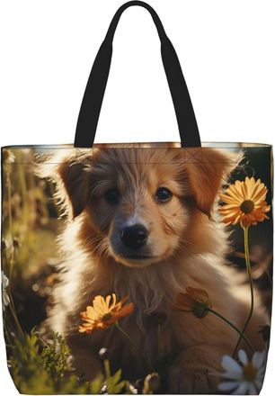 Generic Puppy On Grass Grocery Bag Durable Handbag Lightweight Handbags For Daily Use College Beach