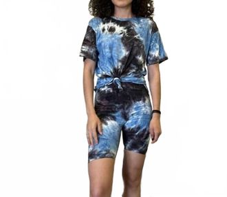She + Sky Tie Dyed Knit Biker Shorts In Blue/charcoal