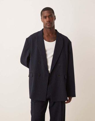 Asos Giacca da abito oversize extra larga blu navy con motivo gessato