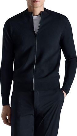 Mango Comfort Stretch Crewneck Zip Cardigan in Navy at Nordstrom, Size Medium