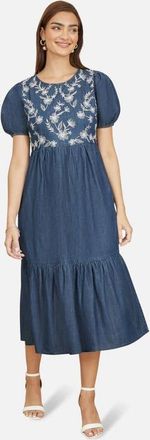 Yumi Floral Embroidered Puff Sleeve Dress in Blue at Nordstrom, Size 12