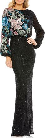 Mac Duggal Womens High Neck Blouson Sleeve Sequin Gown in Black Multi at Nordstrom, Size 10