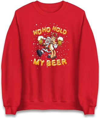 Generic Ho Ho Hold My Beer Christmas Sweatshirt,Santa Claus With Reindeer Beer Party Christmas Jumper Red