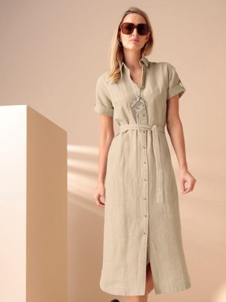 Heine Hemdblusenkleid HEINE Kleid, Damen, Gr. 34, Normalgr&ouml;ssen, sand, meliert, 55% Leinen, 45% Baumwolle, unifarben, lang, V-Ausschnitt, Kleider Hemdblusen
