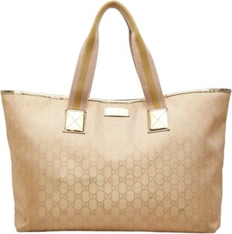 Gucci Beige Gold Canvas Leather Tote Bag (Pre-Owned)